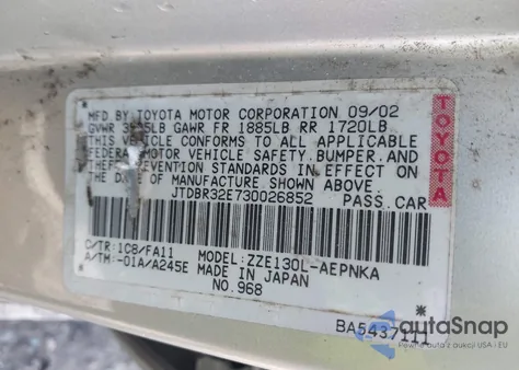 2003 Toyota Corolla Le from USA, damaged, VIN JTDBR32E730026852